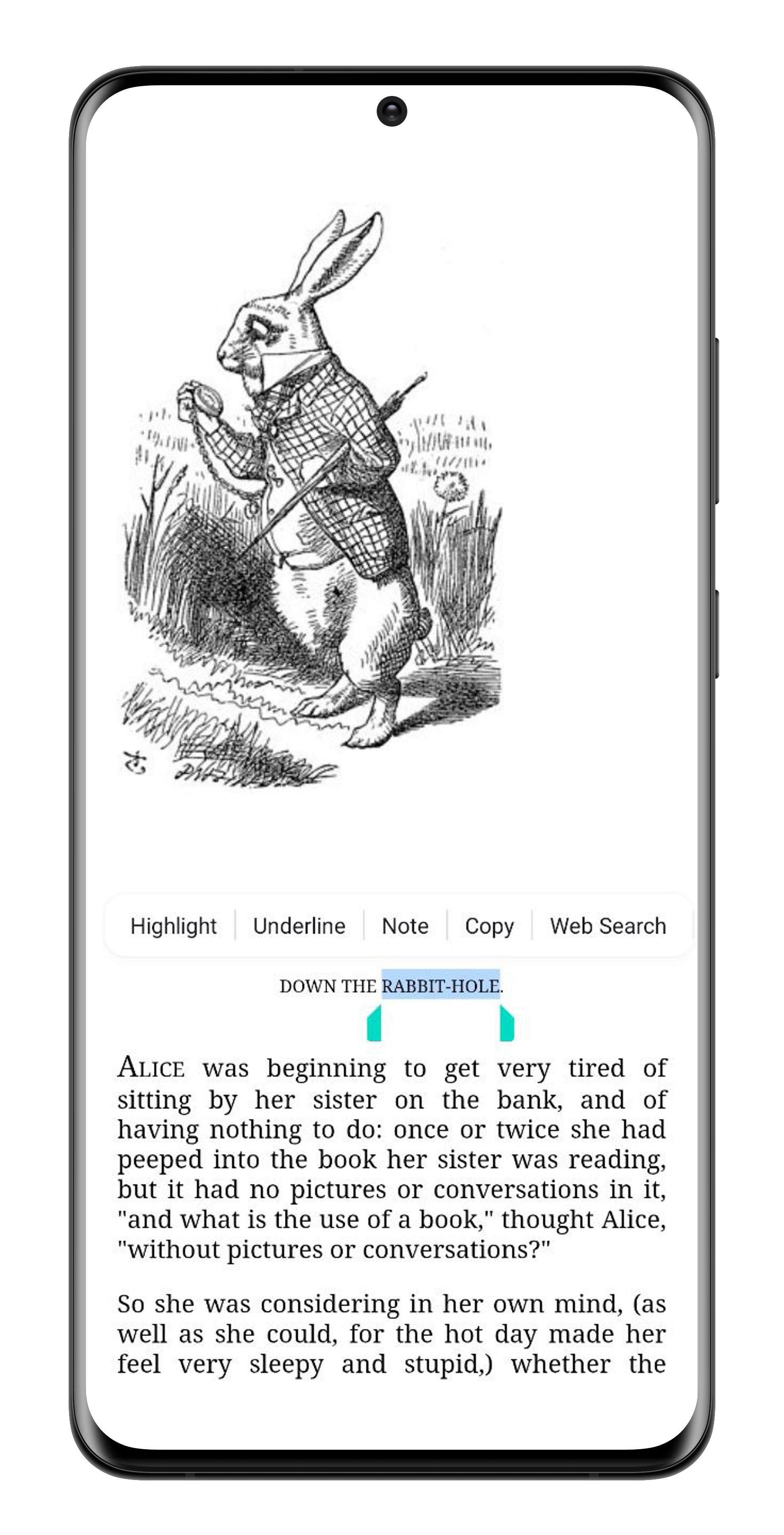 Annotate screen where users can select texts to highlight, underline, take note, copy and search from web.