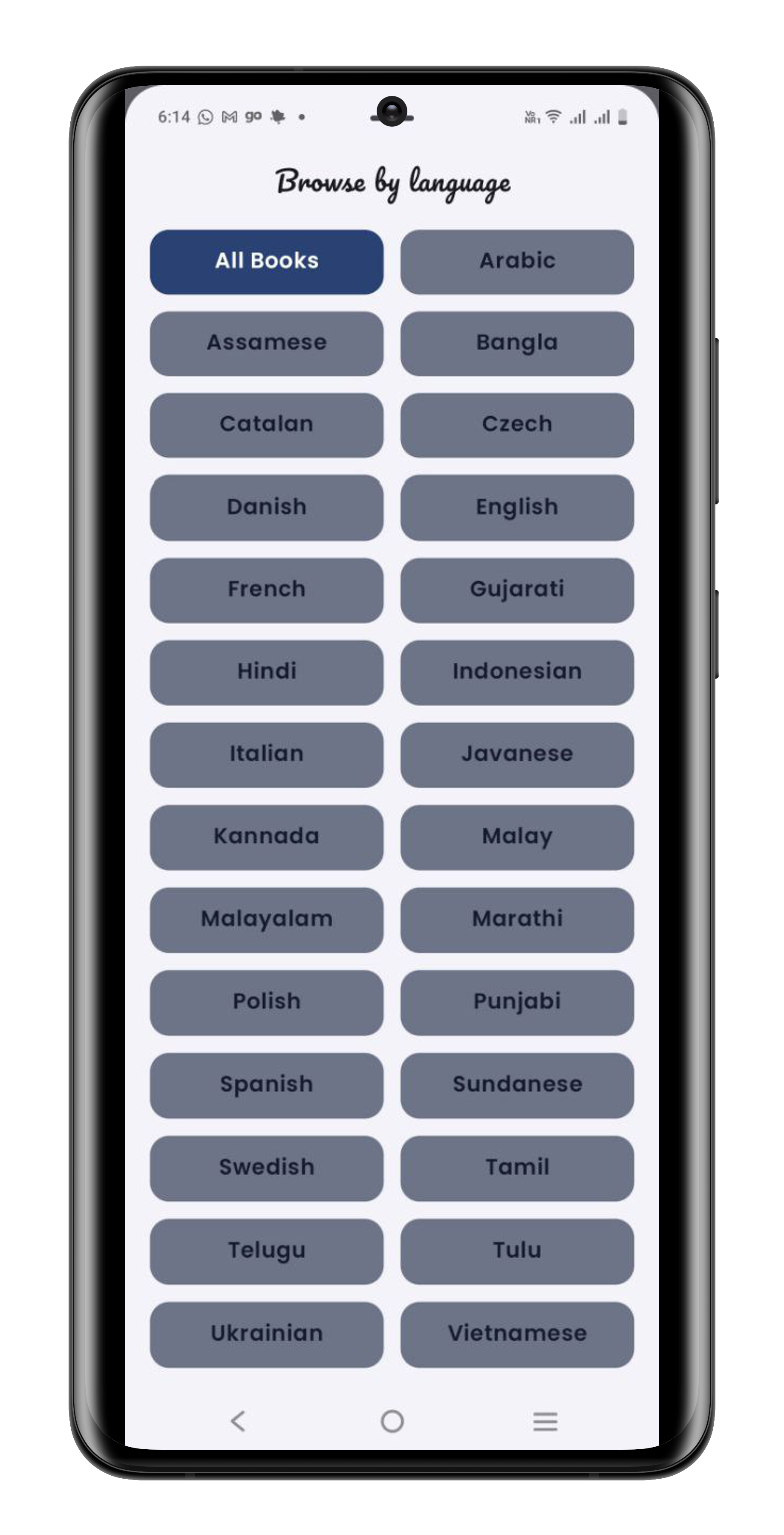 Filter screen where users filter for books in different languages.