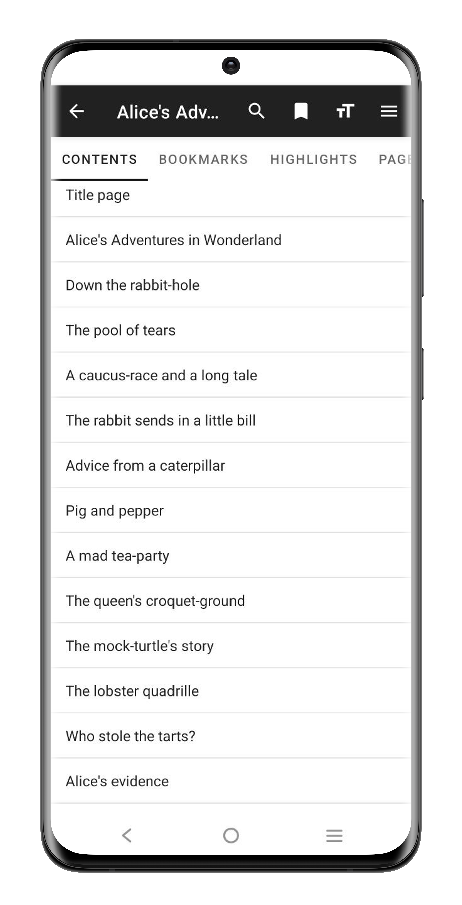 Content screen to navigate between chapters.